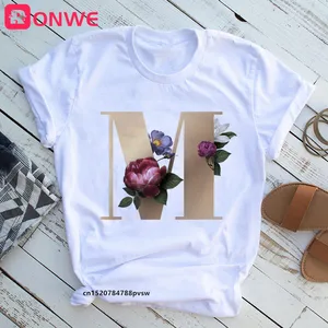 Golden Letter Flower Combination Women's High Quality Printing T-shirt Girl Summer A B C D E F G Short Sleeve Tops Tee Clothes