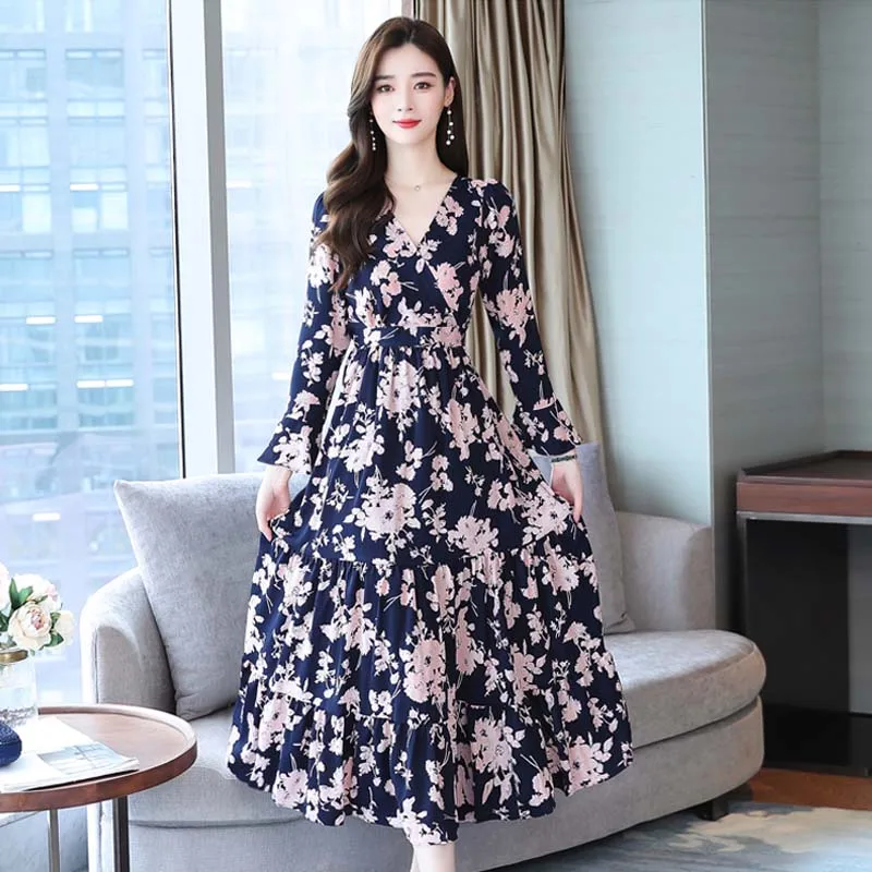 

Korean Vintage Women Elegant Lady Temperament Floral Chiffon Dresse`s Spring And Autumn 2021 Long Boho Casual Dresses mujer New