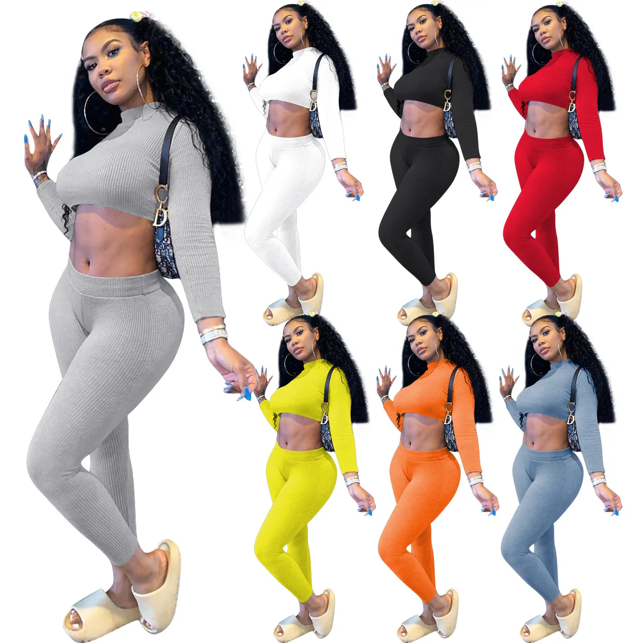 

2020 Autumn Winter Women Ribbed Two Piece Set Tracksuit Turtleneck Long Sleeve Crop Top Pencil Pants Fashion Jogging Suit