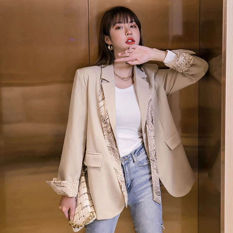 

[EAM] Women Apricot Printed Big Size Blazer New Lapel Long Sleeve Loose Fit Jacket Fashion Tide Spring Autumn 2021 1DC020