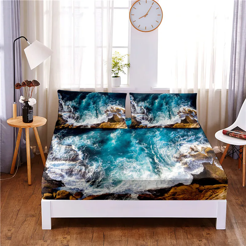 

Coastline Digital Printed 3pc Polyester Fitted Sheet Mattress Cover Four Corners with Elastic Band Bed Sheet Pillowcases