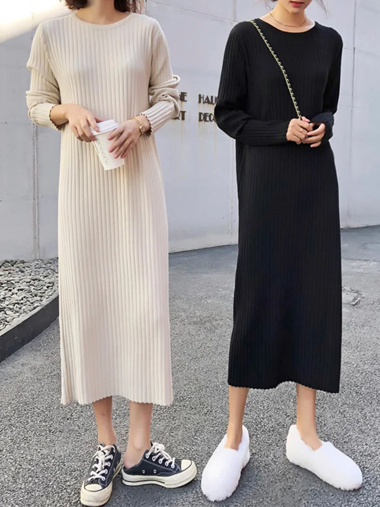 Женское вязаное платье с круглым вырезом повседневное однотонное Свободное