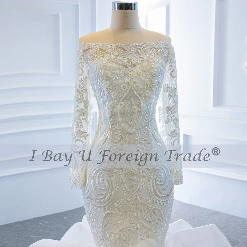 Off Shoulder Long Sleeve Mermaid Bridal Gown Special Design Lace Full Beading Wedding Dress African Bride Dress Woman 2020 New