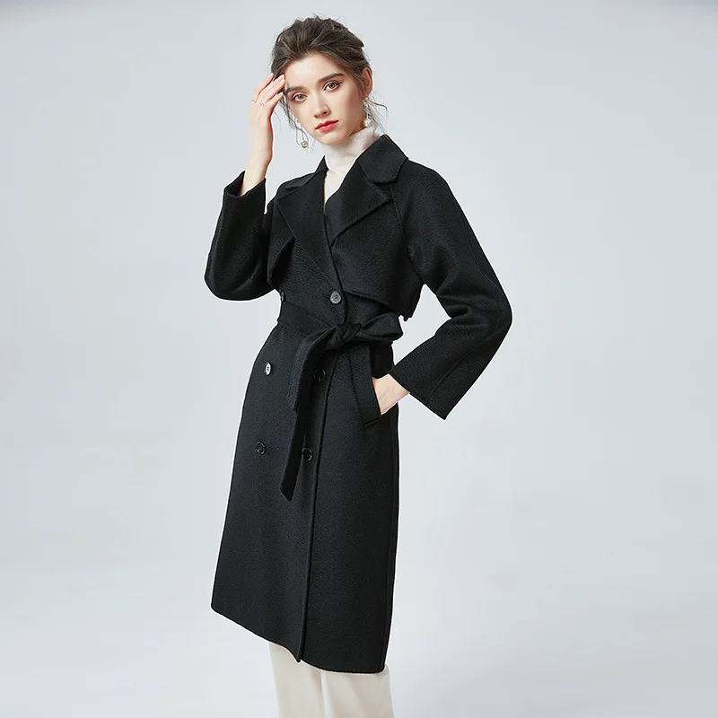

2020 New Autumn Fashion Double Breasted Cashmere Coat Women's Winter Coat Woolen Coats For Women Long Black 2 Sides Overcoat