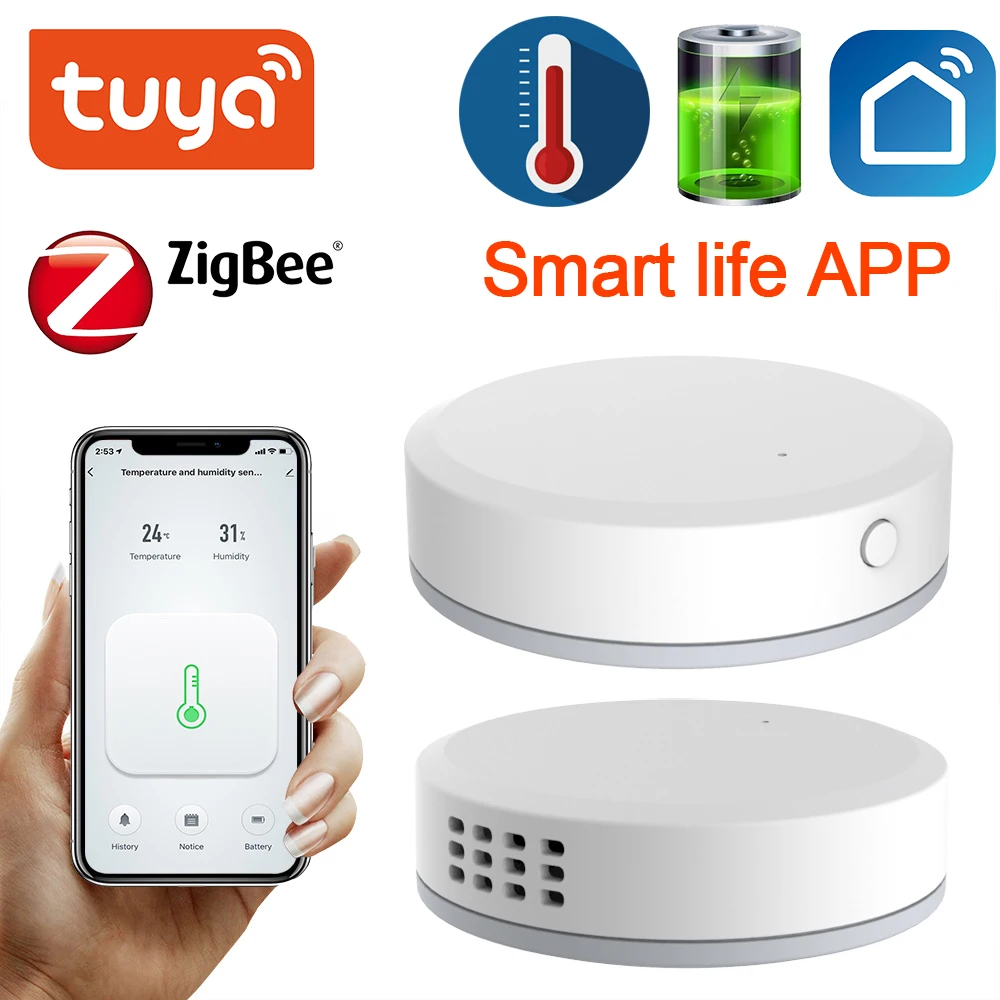 Мини-датчик температуры и влажности Tuya ZigBee, встроенный аккумулятор, приложение Smart Life, автоматизация зданий, ЖК-дисплей от AliExpress WW