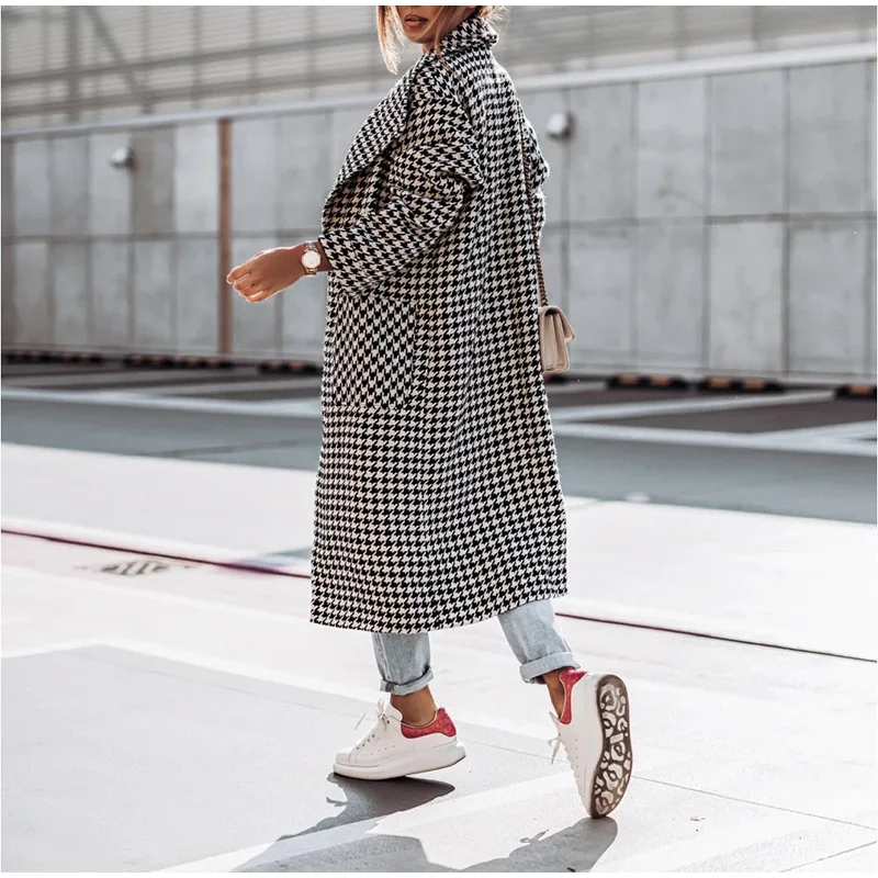 

Zoulv New Elegant Office Ladies Outwear Winter Plaid Women's Woolen Coats With Belt Paneled Pockets Turn-down Collar Long Coat