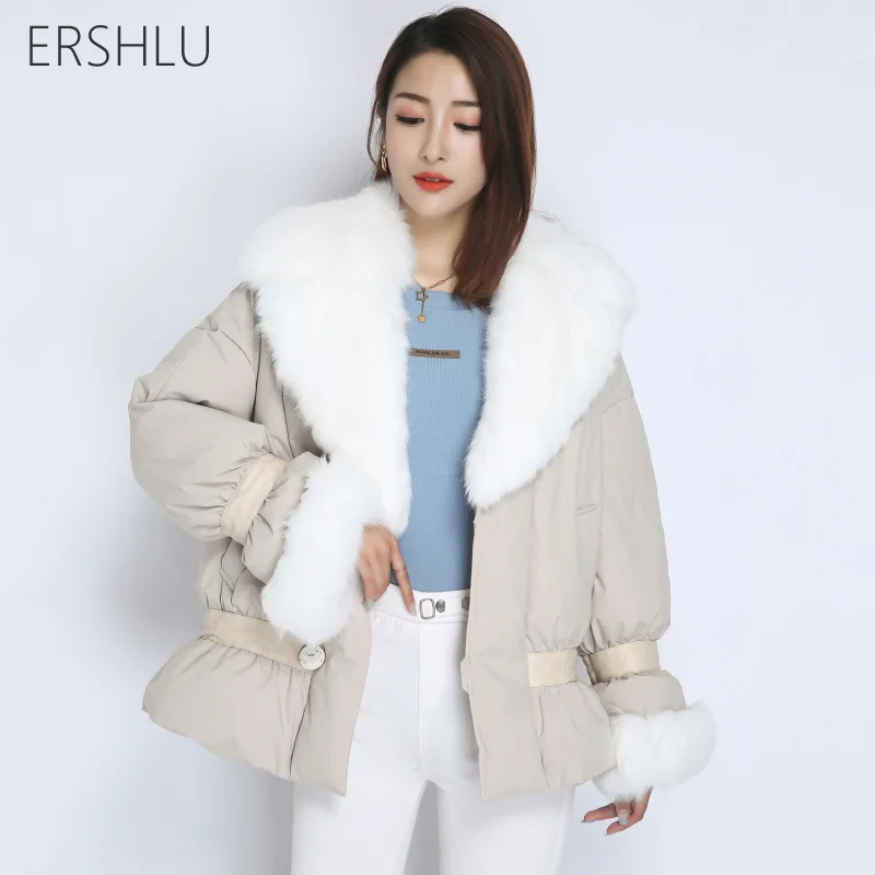 

ERSHLU 2021 High Quality Eiderdown Women Coat Winter Thick Warm Parkas Jacket Lady Elegant Tie Belt Outwear Solid Slim Coat