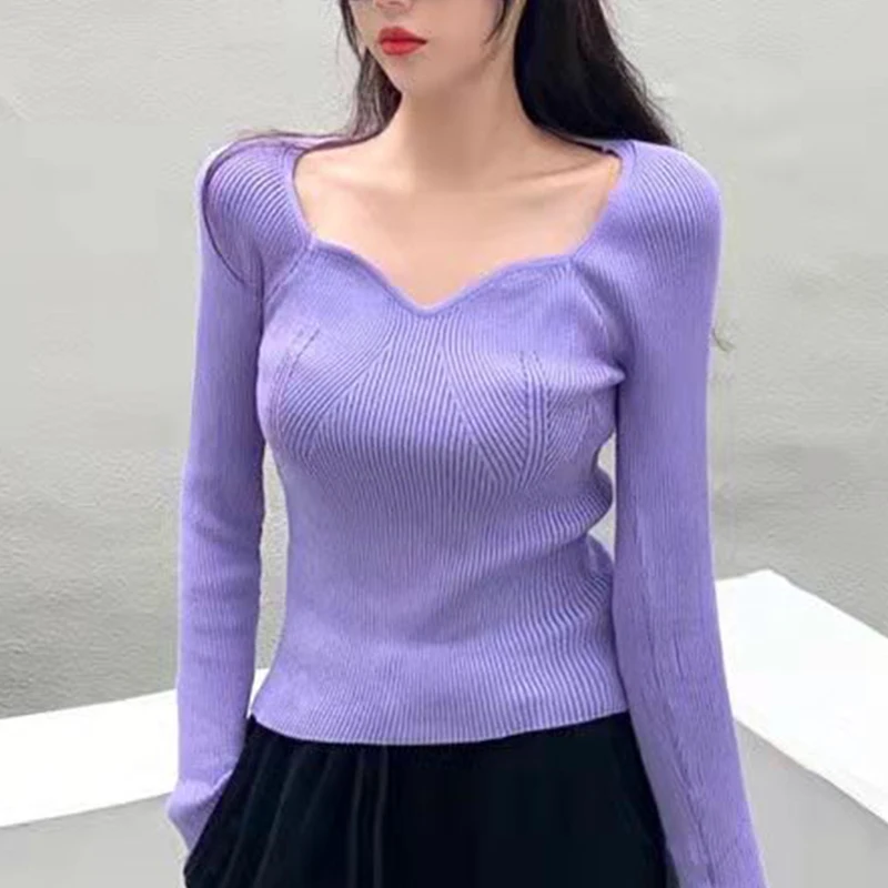 

SHNSOPHI 2021 Fall Fashion Women Sexy Knit Low-Cut Pullover Long Sleeves Vintage Square Collar Slim Club Gothic Purple Sweater