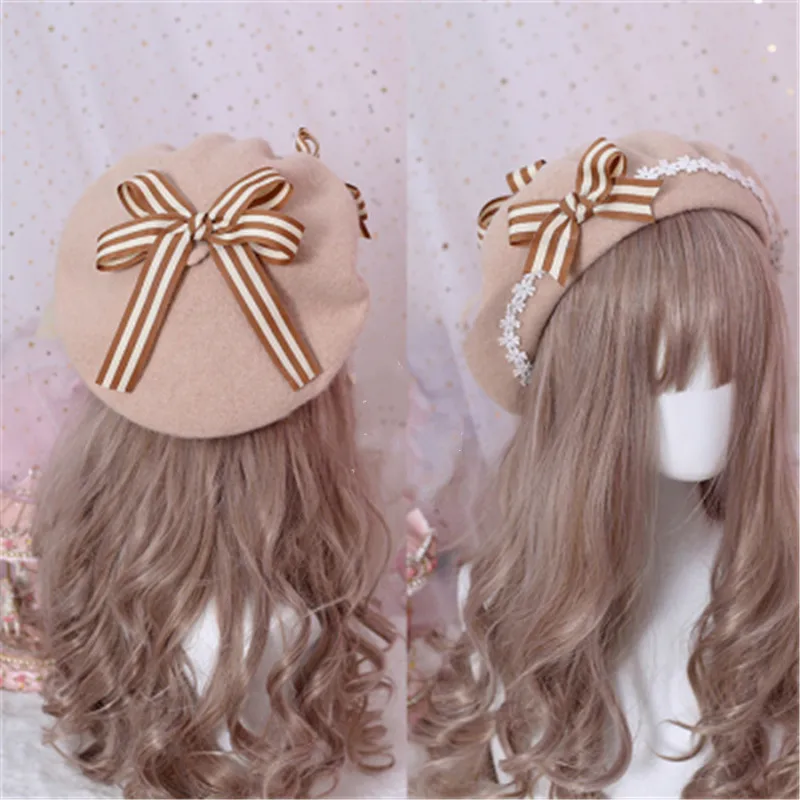 Japanese Handmade Kawaii Wave Pattern Bow Hair Ball Beret Biscuits Soft Girl LOLITA Handmade Bud Hat Cosplay Christmas Gift Mori