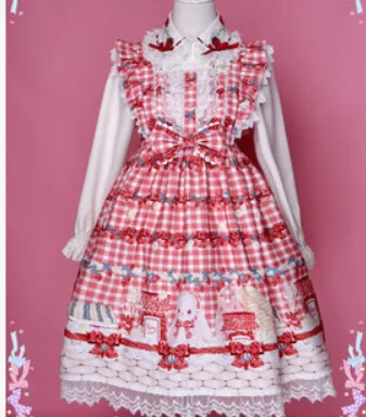 

Spring Autumn Hot New Products Kawaii Strawberry Picnic Rabbit Japanese Lolita Cute Sweet Bow Lace Sleeveless Dress