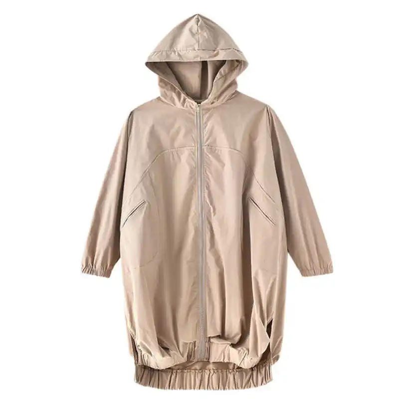 

IEQJ Women Big Size Black Jacket New Hooded Long Sleeve Zipper Loose Fit Trench Fashion Tide Spring Autumn 2021 3D0151