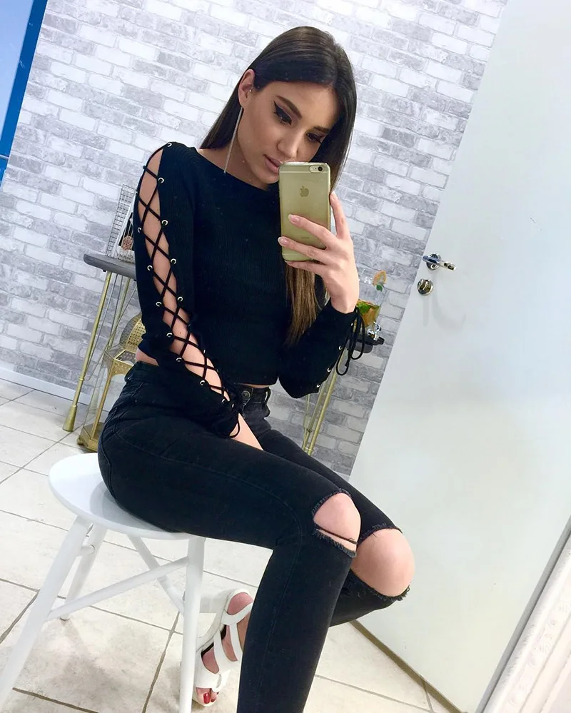 

Hollow Out Long Sleeve Black Shirts Women Ladies Casual Crop Tops Solid Long Sleeve Slim Pullover Bottoming Shirts Female Tops