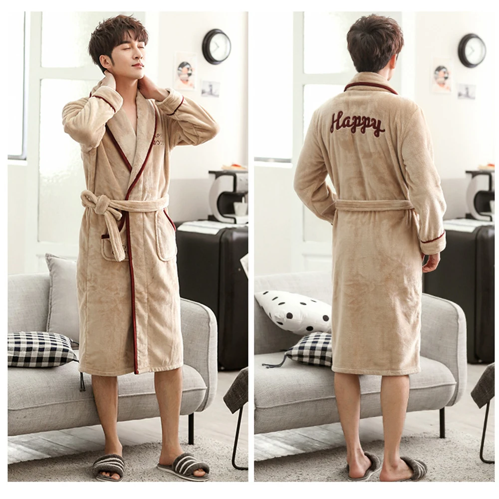 Winter Mens Long Robe Warm Thick Bathrobe Night Dresses Man Coral Fleece Kimono Pajama High-end Letter Embroidery Bath Robes