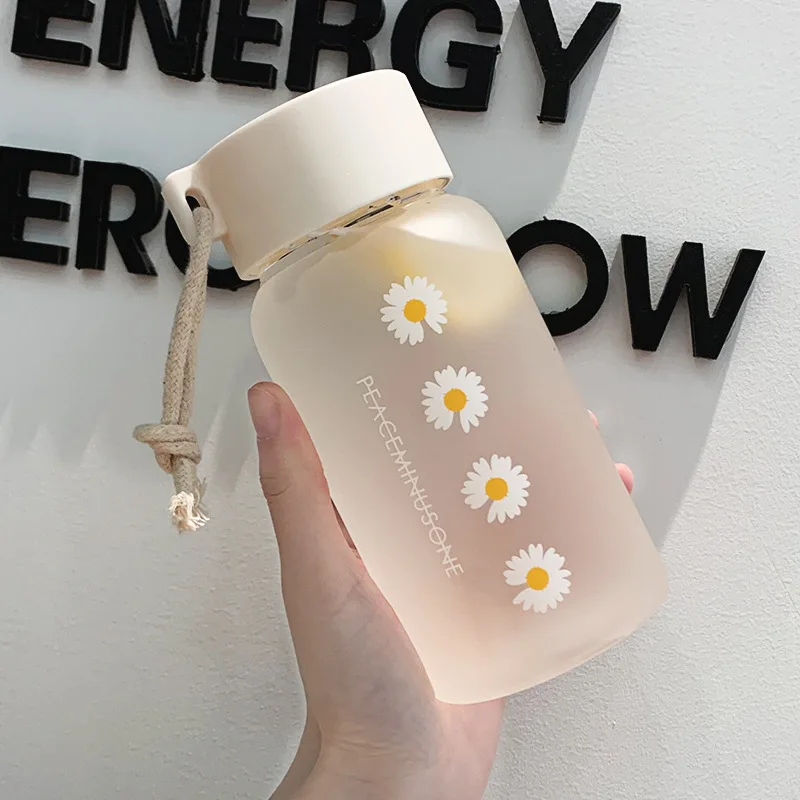 

500Ml Small Daisy Creative Transparent Plastic Water Bottles Bpa Free Frosted Water Bottle with Portable Rope Travel Tea Cup