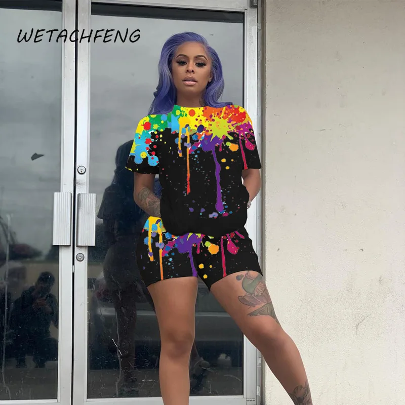 

2021 Hot Sale Summer Two Piece Set Black Shorts And Top Suit Graffiti Print Biker Shorts Tracksuits Plus Size 3XL Casual Outfits