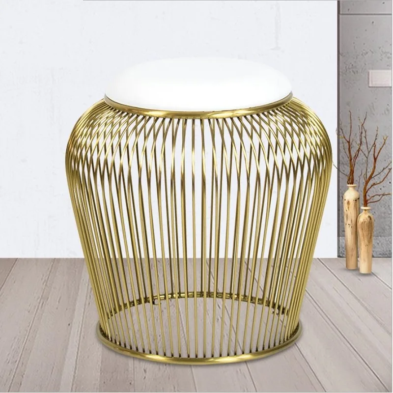 

Round lantern ottoman Gold metal wire base stool Nordic hollow lantern chair Iron chrome plated metal chair