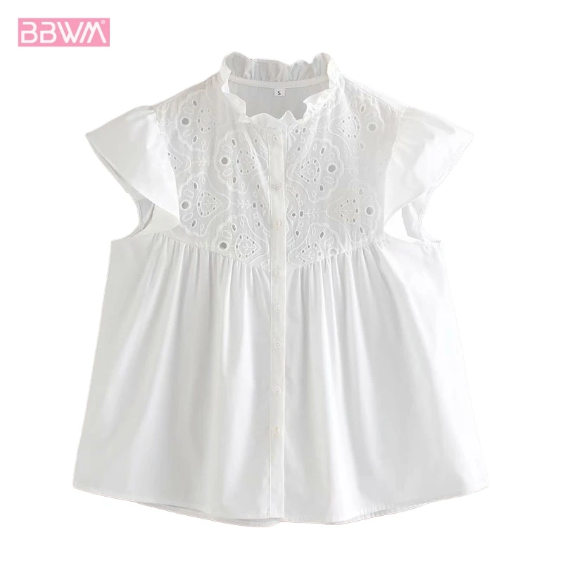 

Spring New Stand Collar Short Sleeve Women's Vintage Fashion Sweet Embroidered Flower Poplin Shirt Chic Female Tops