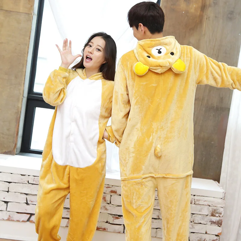 Kigurumi Pajama Rilakkuma Bear Adult Animal Cartoon Hooded Onesie Women Men Couple 2019 Winter Sleepwear Flannel Pijamas