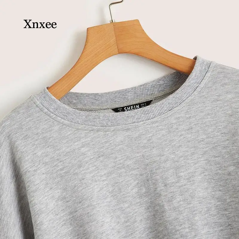 

Drop Shoulder Frayed Edge Crop Sweatshirt Pullover Women 2020 Autumn Long Sleeve Round Neck Solid Casual Sweatshirts