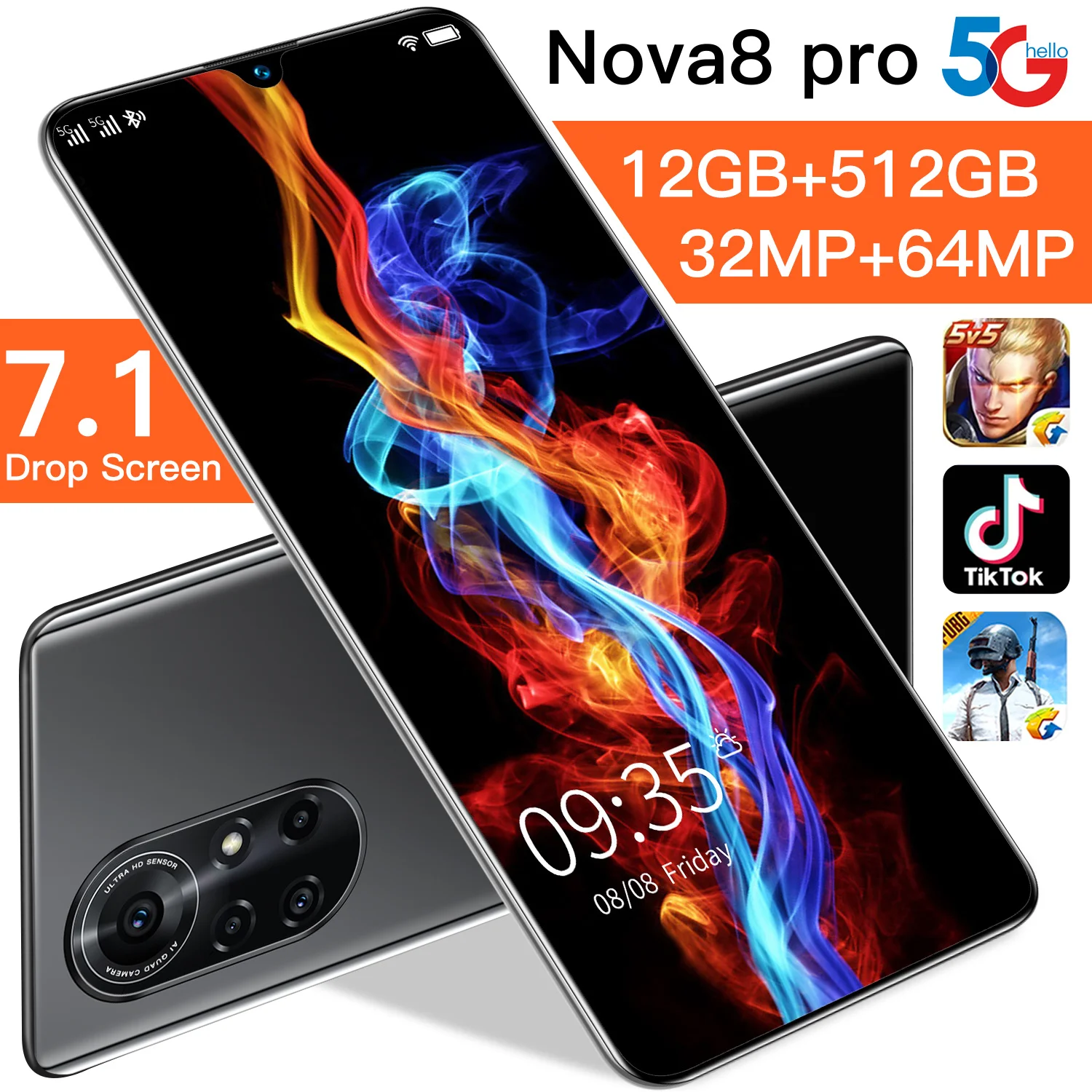 

Nova8 Pro 7.1 Inch Drop Screen 12GB+512GB 6800mAh 32+64MP Andriod 10 Smart Phone Global MTK6595 Face Fingerprint ID Cellphones