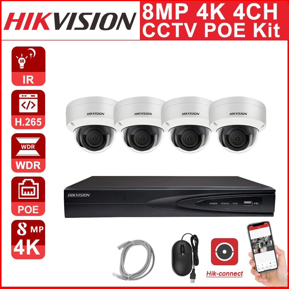

Hikvision CCTV Kit 8MP 4CH POE NVR DS-7604NI-K1/4P 8MP 4K IP Camera DS-2CD2185FWD-I Dome IP Camera APP IP67 Remote view