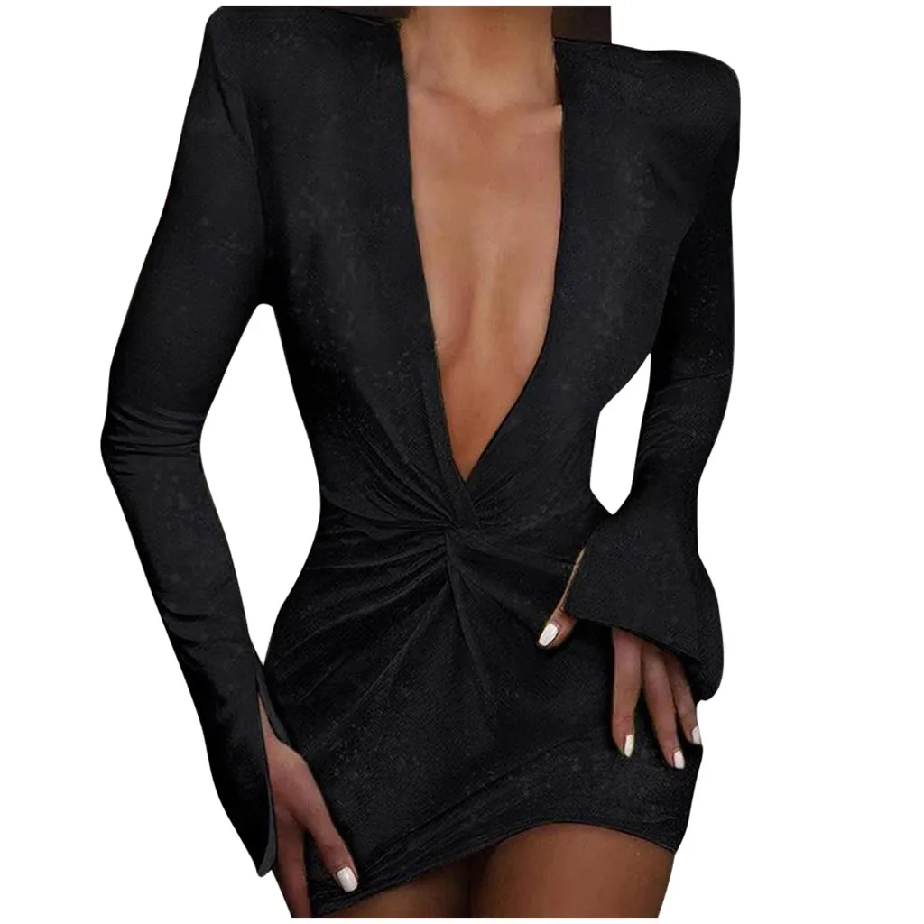 Женское зимнее блестящее платье сексуальное мини-платье с глубоким v-образным