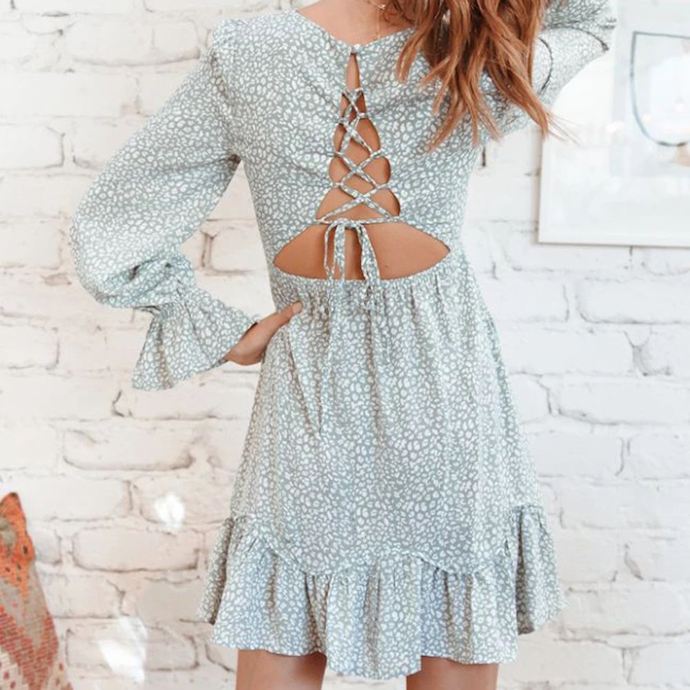 Bikitique глубокий v-образный вырез открытая спина ремень длинный рукав мини