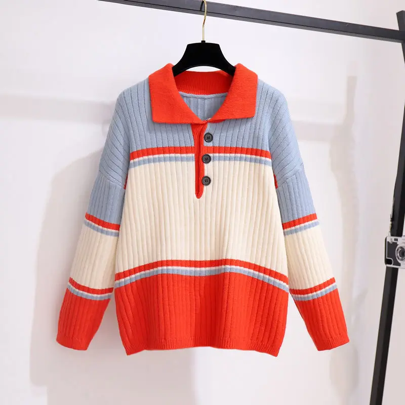 

Women Two Piece Outfits Sets Striped Long-sleeved Knitted Sweater and Casual Jeans Pants Female Korean Loose Two-piece Suit Q677