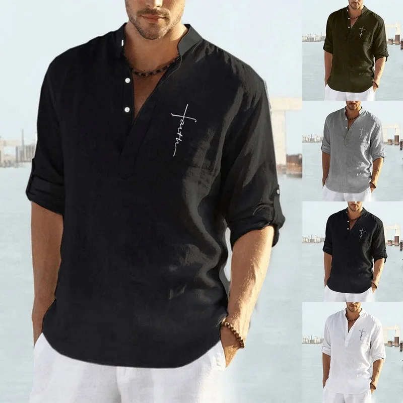 

New Long Sleeve Shirt Linen Tops Sexy Men clothing 2021 Summer Letter Print Casual Pullover Single-breasted Sexy Mens Blouse