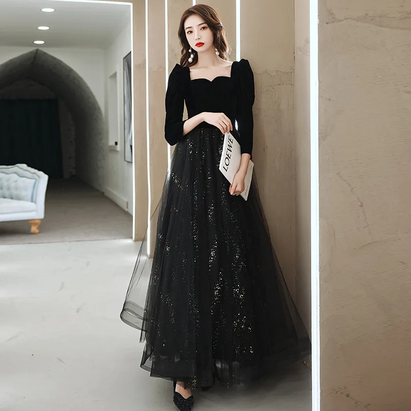 

Female Black Elegant Evening Party Gown Vintage Square Collar Exquisite Banquet Dress Temperament Long Mesh Pleated Dresses