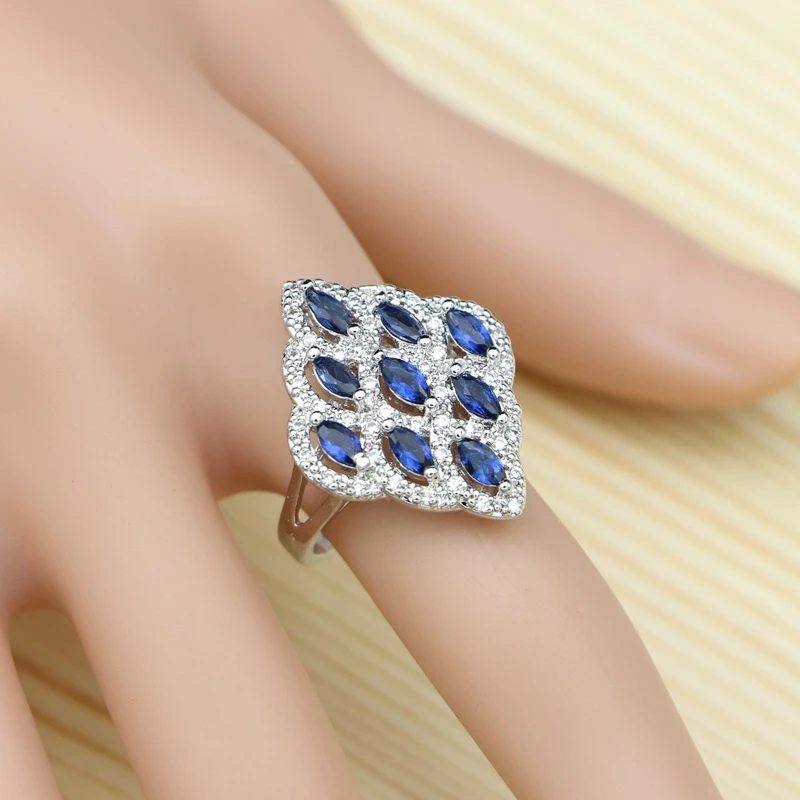 Blue Stones Jewelry Sets Of Silver 925 For Women Square Accessories Ring/Bracelet/Necklace/Pendant/Stud Earrings Set | Украшения и