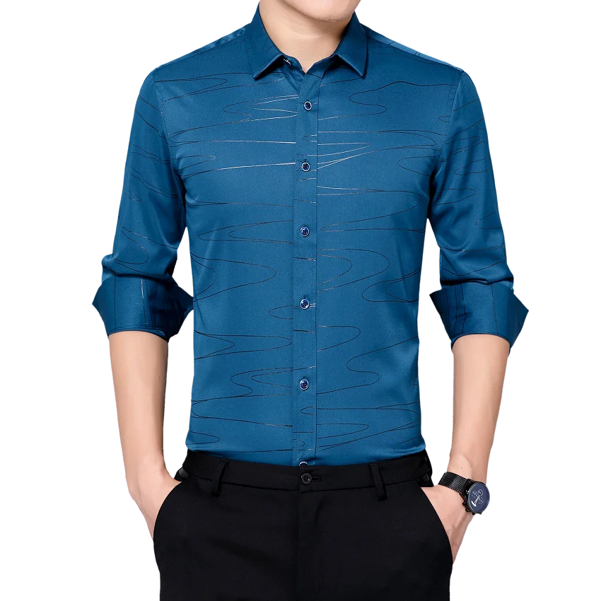 

Man Business Casual Shirt With Spandex Fabric Blouses Men Black Blue Dark Wavy Line Full Print Shirts Long Sleeve Slim Fit Top