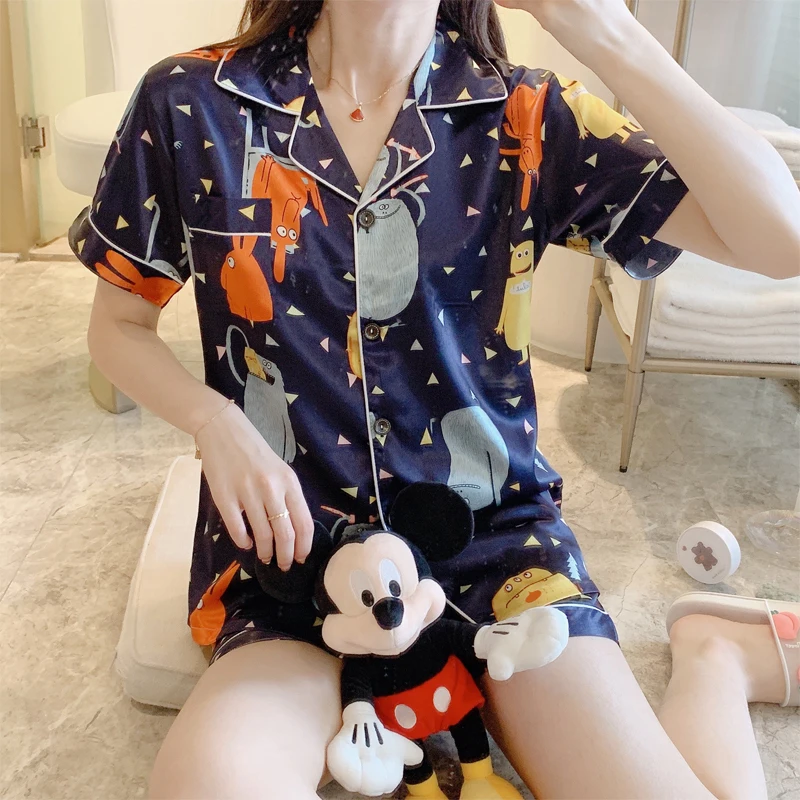 Женская пижама размера плюс Летняя шелковая с принтом|Комплекты пижам| |