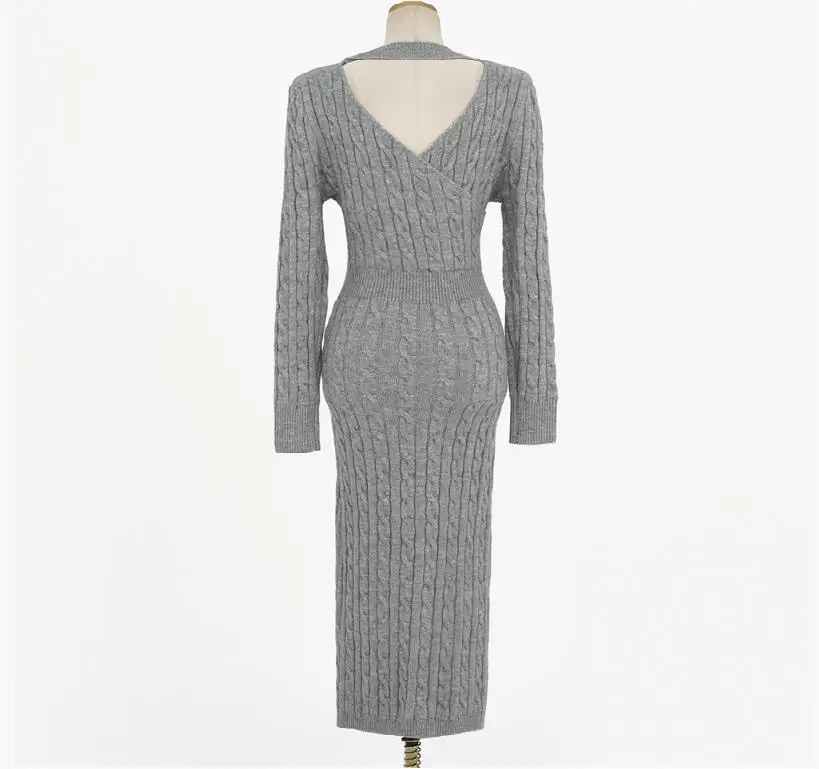 

Chic Spring Fall Elegant O-neck Halter Twist Bottoming Sweater Dress Women Slim High waist Front Split Knit Dress Female