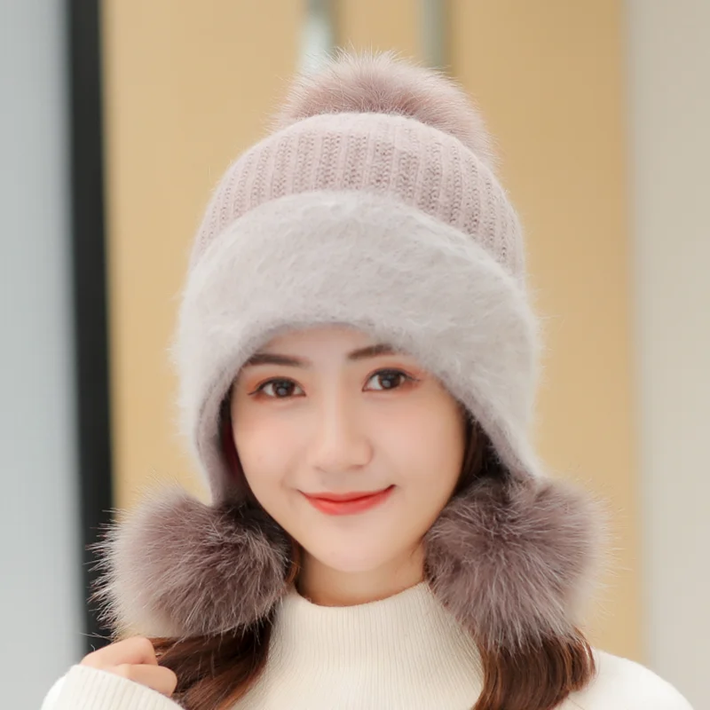 Winter Brand New Women's Hat Rabbit Hair Knitted Cute Hats Three Pompons Caps For Girl Hot Skullies Female Beanie cap 2019 | Аксессуары