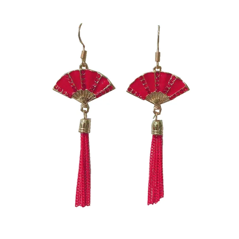 

New Chinese Folding fan earrings women retro New Year autumn and winter long tassel earrings pendant bride red wedding earring