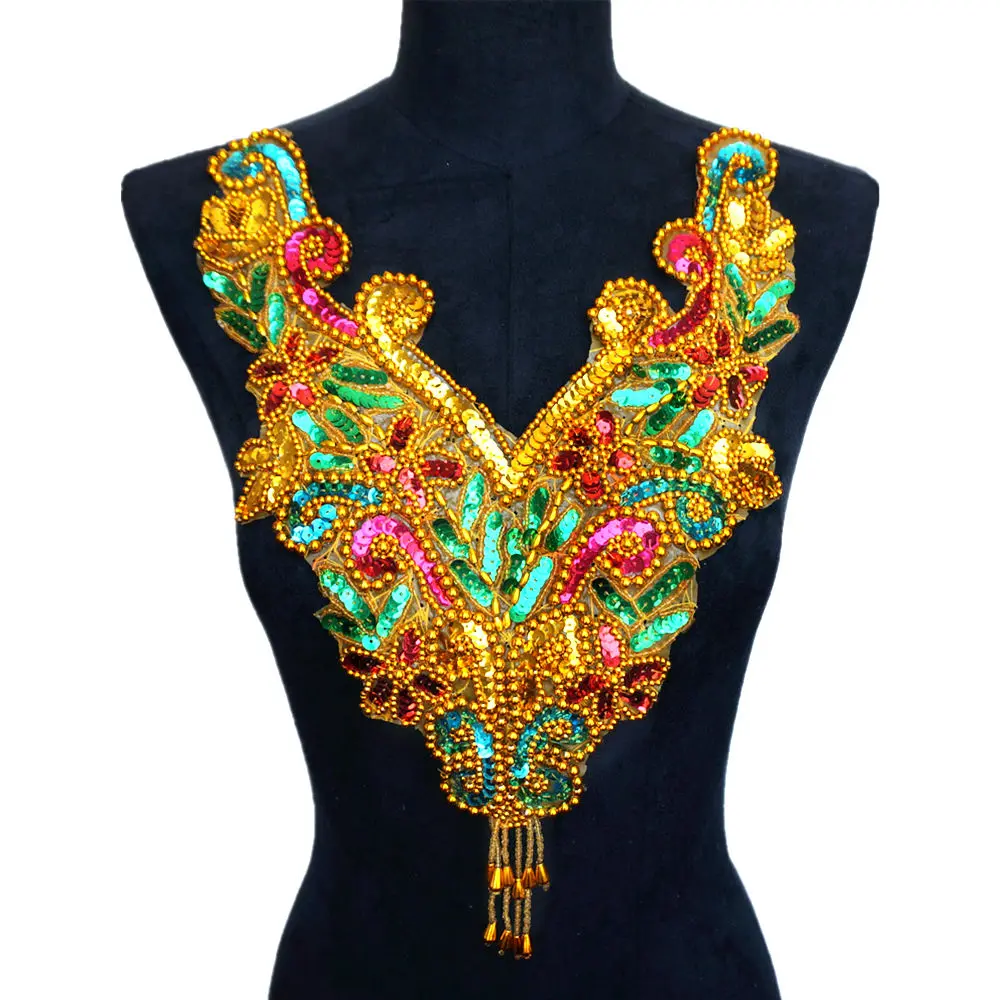 Радужные золотые блестки бисер ткань воротник аппликация пришивка патч