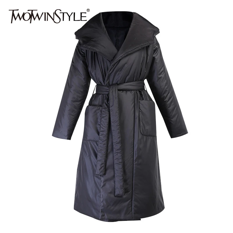

TWOTWINSTYLE Temperament Lace Up Black Casual Loose Parkas For Women Hooded Long Sleeve Down Coats Female 2021 Winter New Style