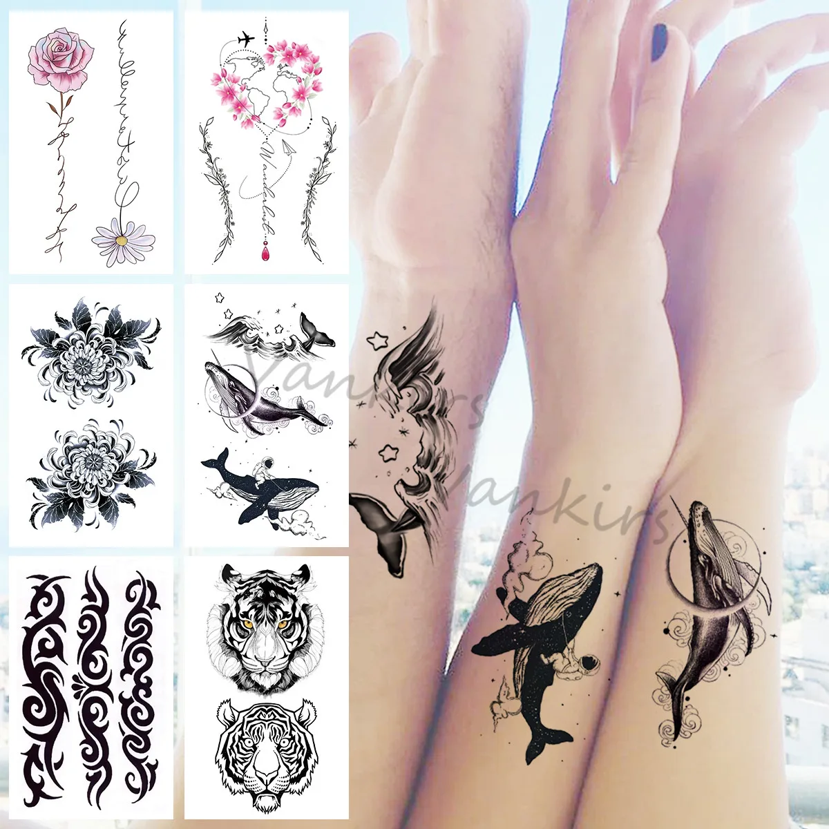 

3D Black Whale Temporary Tattoos For Women Men Kids Realistic Daisy Tiger Watercolor Rose Flower Fake Tattoo Sticker Arm Tatoos
