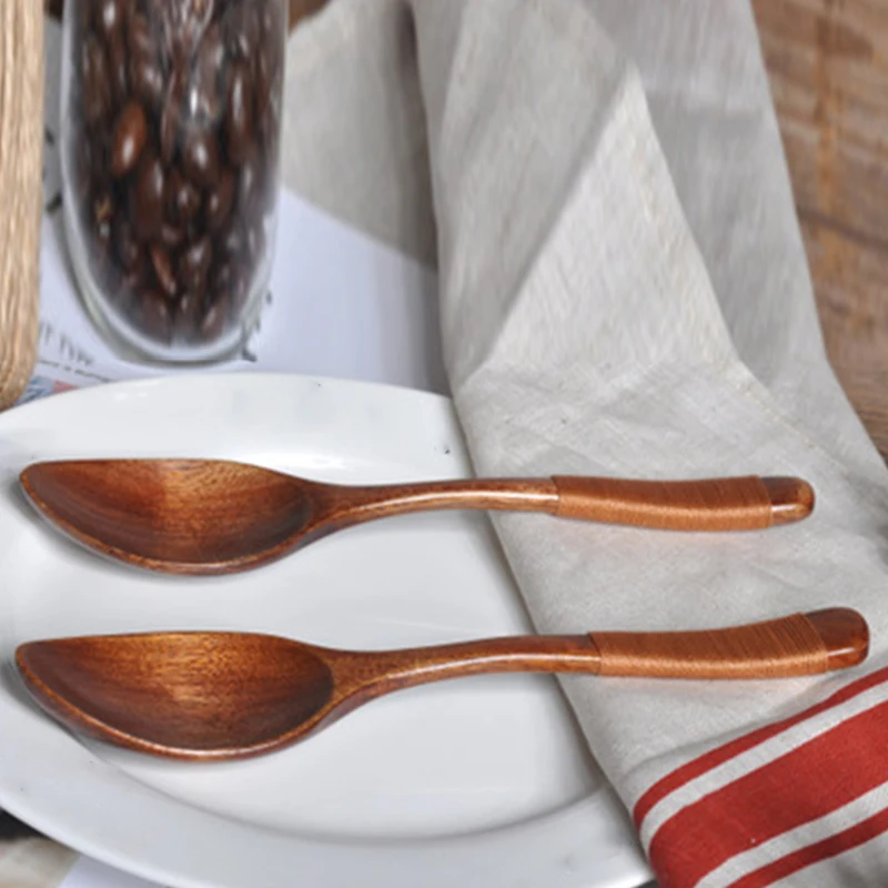 

2pcs Wooden Coffee Soup Spoon Kitchen Utensil Tableware With Handle Knitting