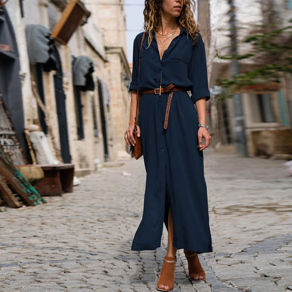 Bikitique свободное однотонное платье-рубашка с длинным рукавом и воротником для