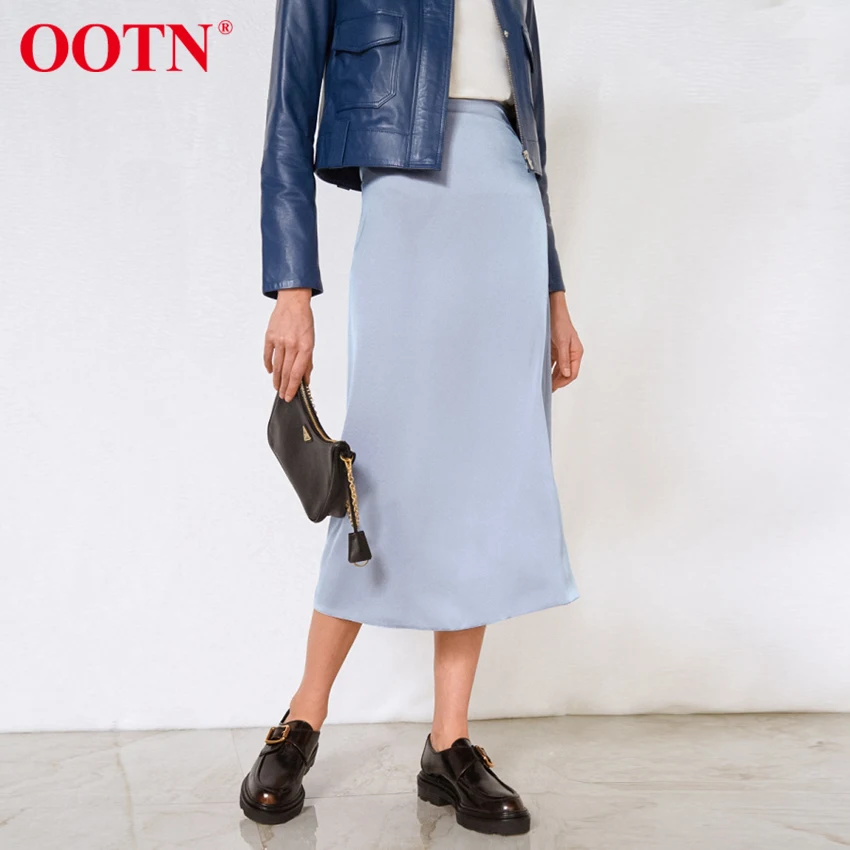 

OOTN Blue Solid Satin Skirt High Waist Office Ladies Solid Elegant A Line Skirts Women Summer Midi Long Skirt Female Silk 2021