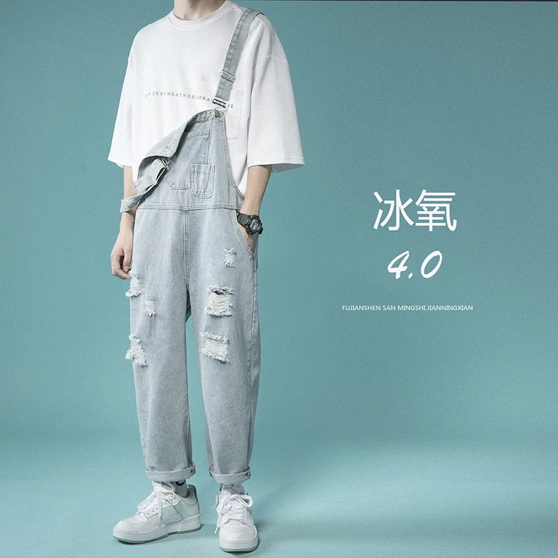 

2021 Fashion Men Ripped Denim Overalls Korean Style Loose Straight Male Suspender Jeans Casual Couple Pants Hip Hop Cargo Pants