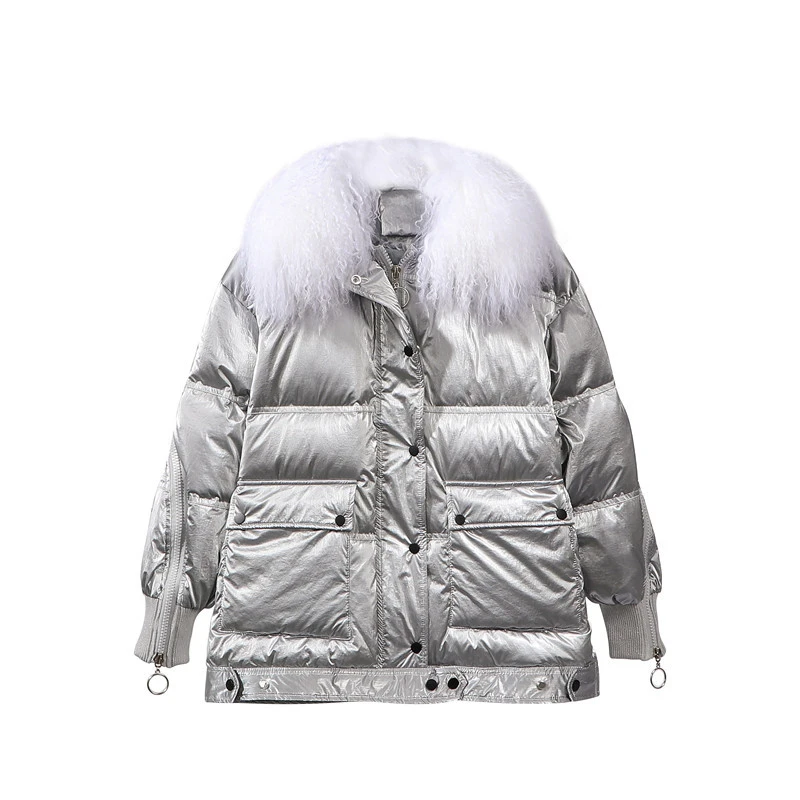 2020 Duck Down Jacket Lambswool Collar Wool White Duck Down Jacket Women's Jacket Winter  Loose Black Silver Shiny Surface