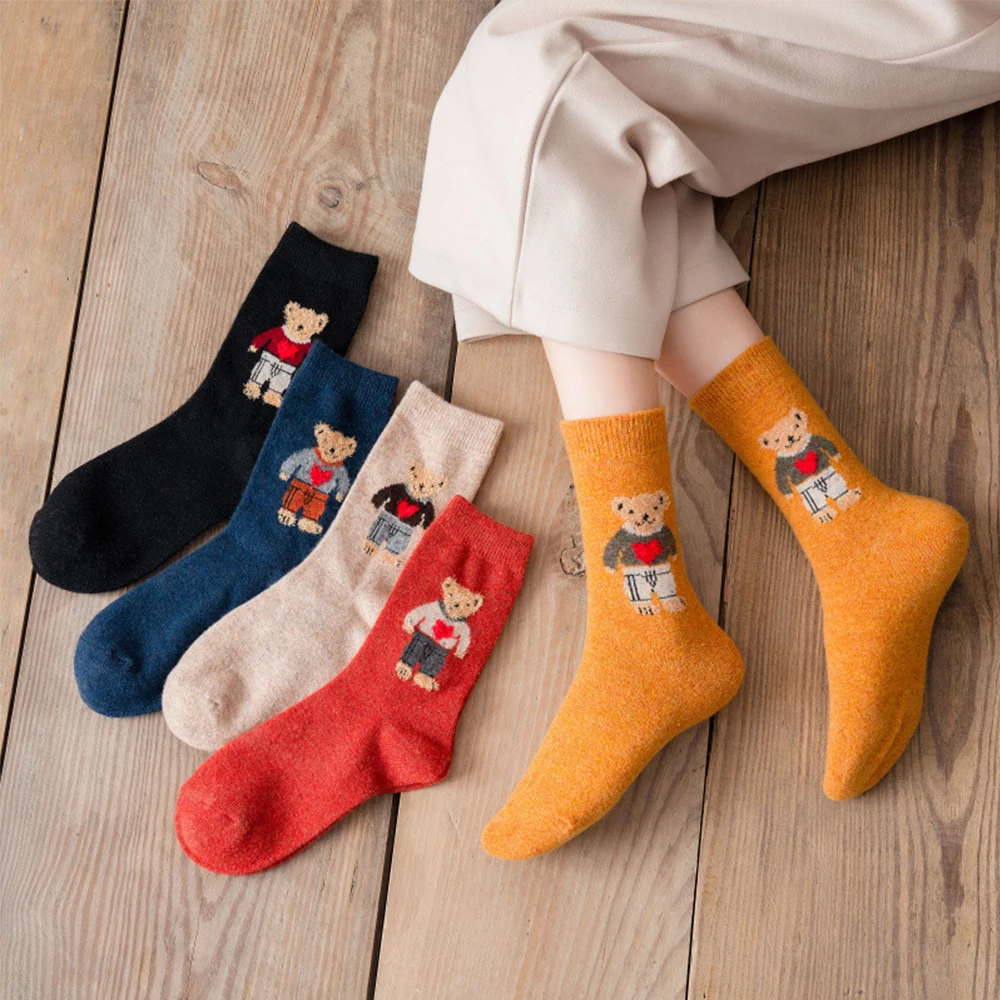 

Autumn Winter Bear Socks Warm Wool Women Japanese Cute Cartoon Socks Girls Harajuku Kawaii Casual Breathable Hosiery
