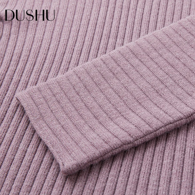 

DUSHU Purpel elegant bodycon knitted sweater dress Women autumn winter belt slim midi dress Plus size Female vintage dress 2020