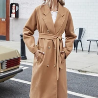 wywmy women elegant long wool coat with belt solid color long sleeve chic outerwear ladies overcoat autumn winter 2021 clothing