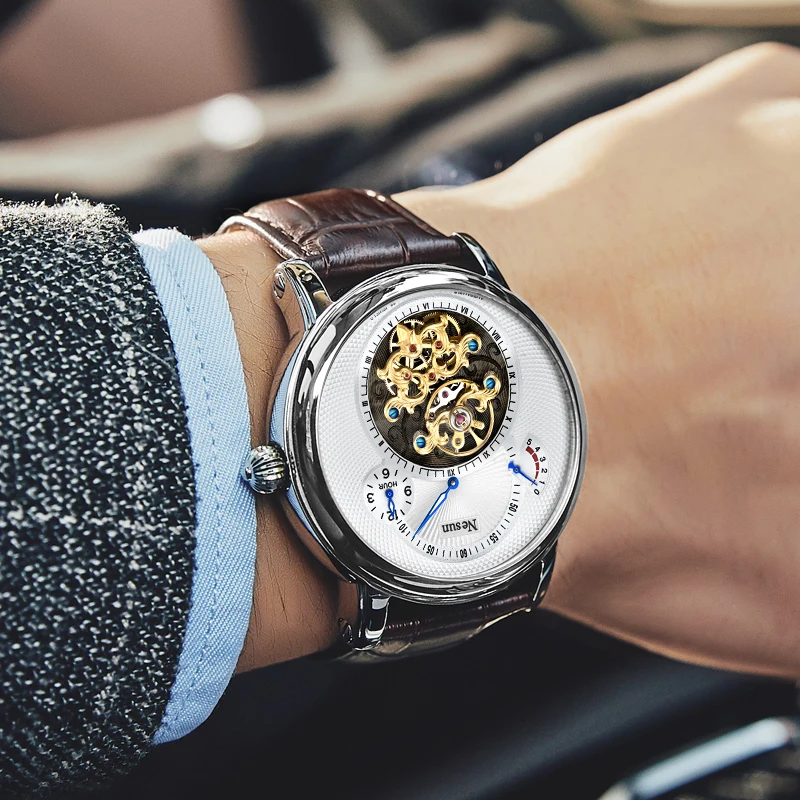 Швейцарские роскошные Брендовые Часы Nesun Hollow Tourbillon, Мужские автоматические механические часы, сапфировые водонепроницаемые часы N9081-4