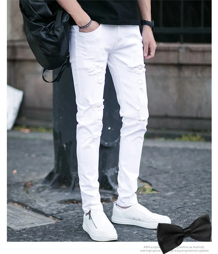 Hole Jeans Классические повседневные обтягивающие джинсы для молодых мужчин, Стрейчевые однотонные белые мужские узкие качественные джинсовые штаны, мужские уличные теплые флисовые модные штаны - Цвет: Hole Jeans
