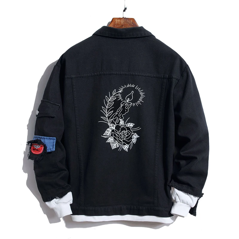 

New Men's Male Fashion Casual Flower Print Black Denim Jacket Fashion Bird Embroidery Patchwork Jean Coat Outwear 0819